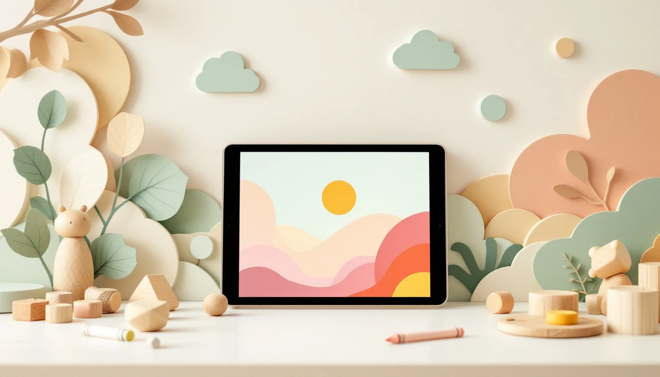 Tablet mit buntem Muster neben Wachsmalstiften (Themenfeld Medienpädagogik & Digitalisierung)