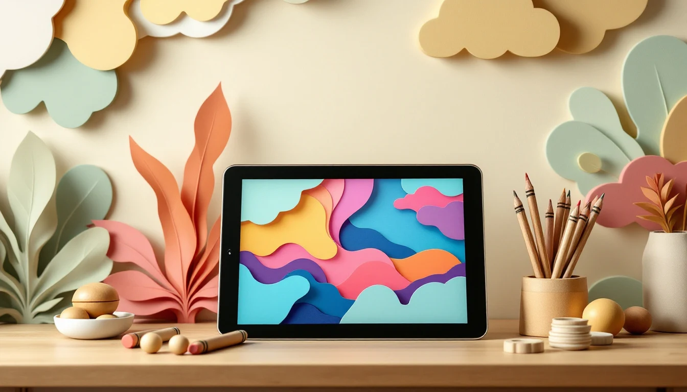 Tablet mit buntem Muster neben Wachsmalstiften (Themenfeld Medienpädagogik & Digitalisierung)