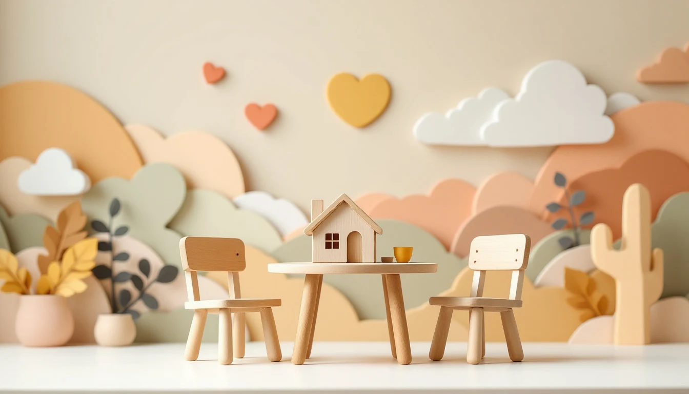 Gemütlicher Tisch mit zwei Stühlen und Holzhaus (Themenfeld Elternarbeit & Familien)
