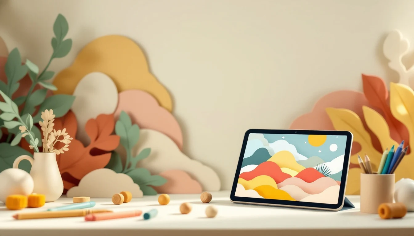 Tablet mit buntem Muster neben Wachsmalstiften (Themenfeld Medienpädagogik & Digitalisierung)