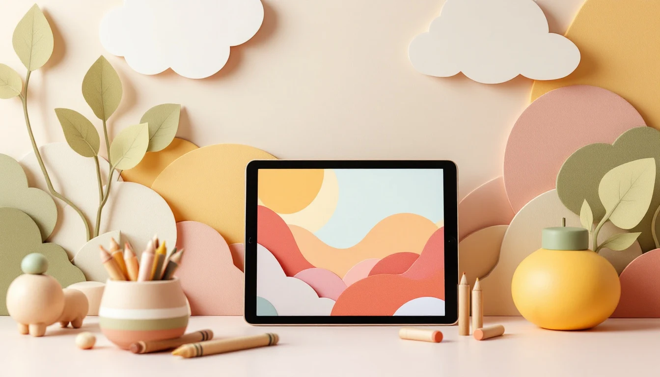 Tablet mit buntem Muster neben Wachsmalstiften (Themenfeld Medienpädagogik & Digitalisierung)