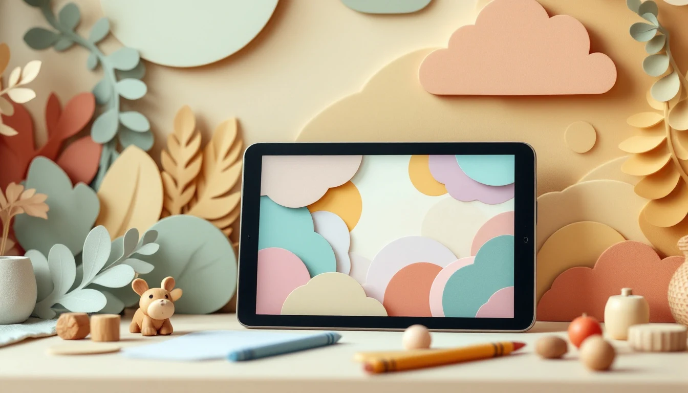 Tablet mit buntem Muster neben Wachsmalstiften (Themenfeld Medienpädagogik & Digitalisierung)