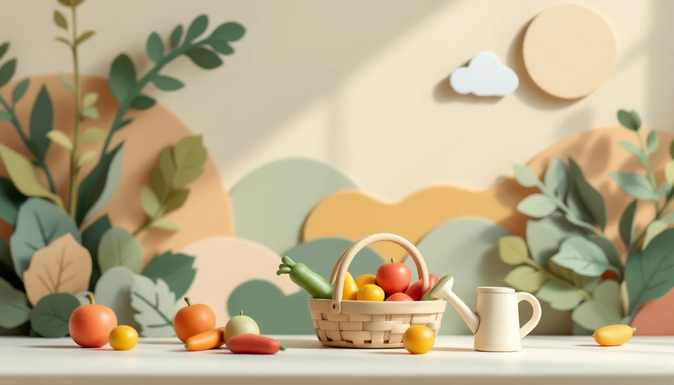 Obstkorb und Gießkanne aus Holz (Themenfeld Gesundheit, Sicherheit & Kinderschutz)