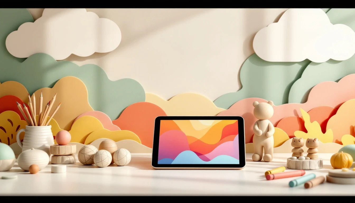 Tablet mit buntem Muster neben Wachsmalstiften (Themenfeld Medienpädagogik & Digitalisierung)