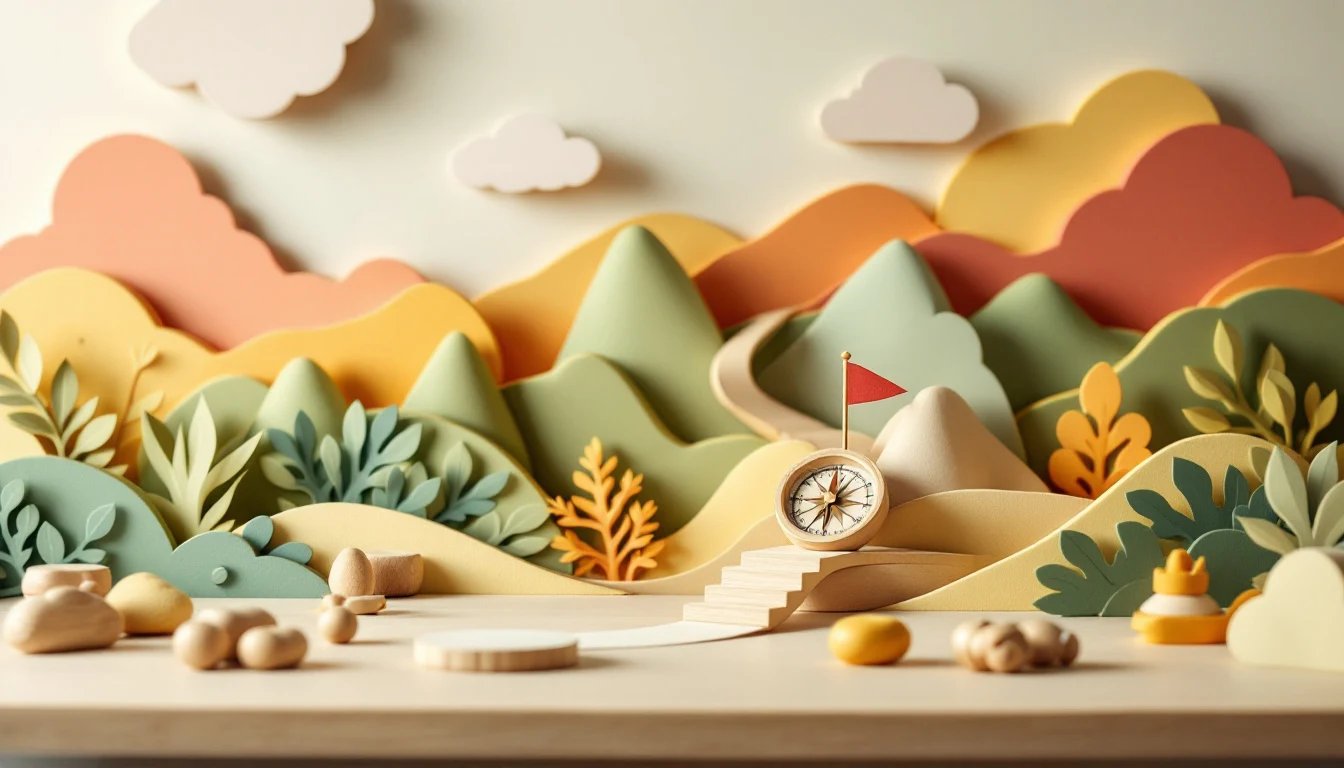 Kompass und Fähnchen auf einer Papierlandschaft (Themenfeld Leitung & Fachberatung)