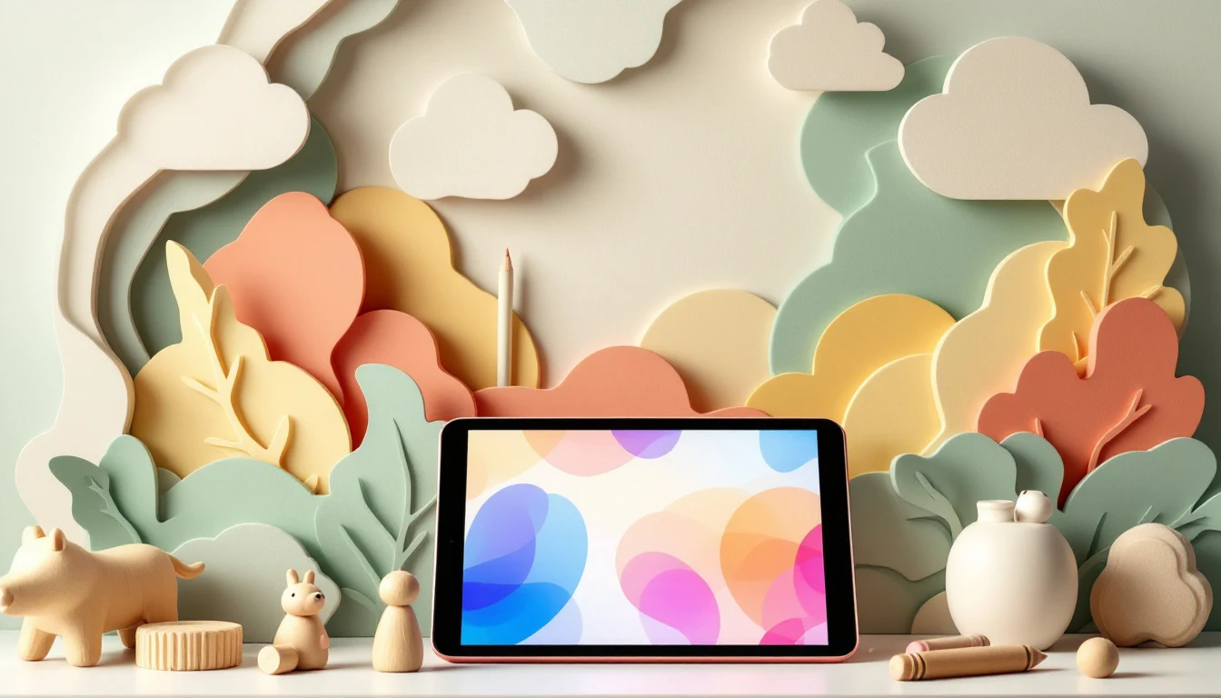 Tablet mit buntem Muster neben Wachsmalstiften (Themenfeld Medienpädagogik & Digitalisierung)