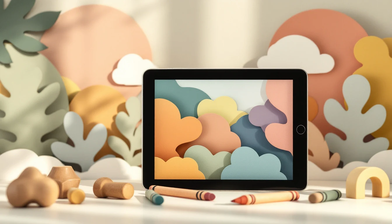 Tablet mit buntem Muster neben Wachsmalstiften (Themenfeld Medienpädagogik & Digitalisierung)